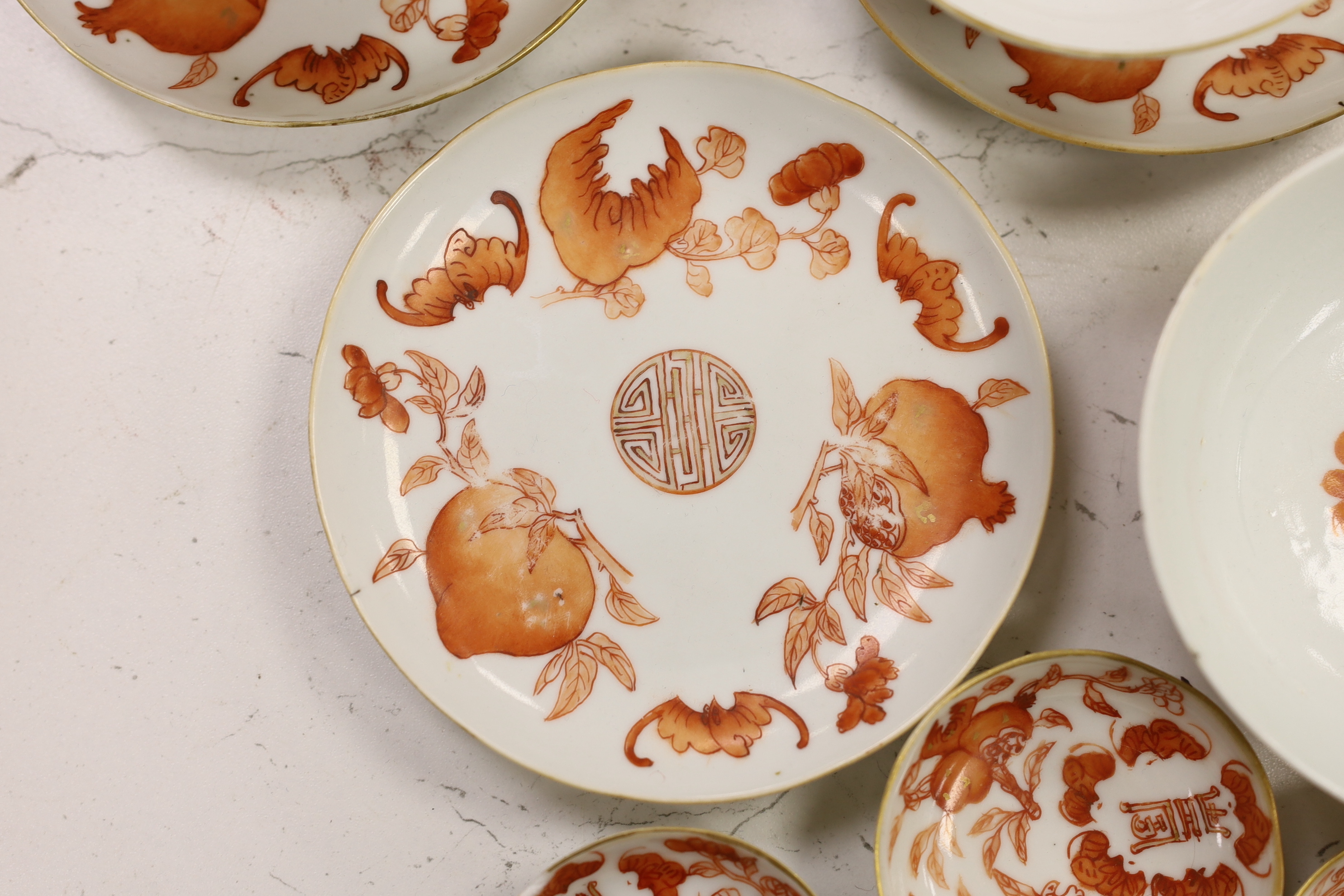 A group of Chinese iron red enamelled ‘sanduo’ bowls, saucers and side dishes, c.1900, Tongzhi and Guangxu marks